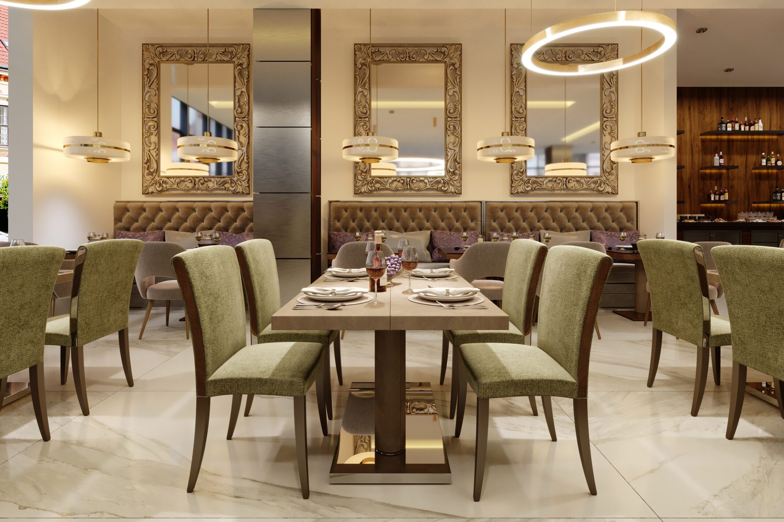 the modern conceptual interior design of the restaurant is in contemporary style with classic elements.