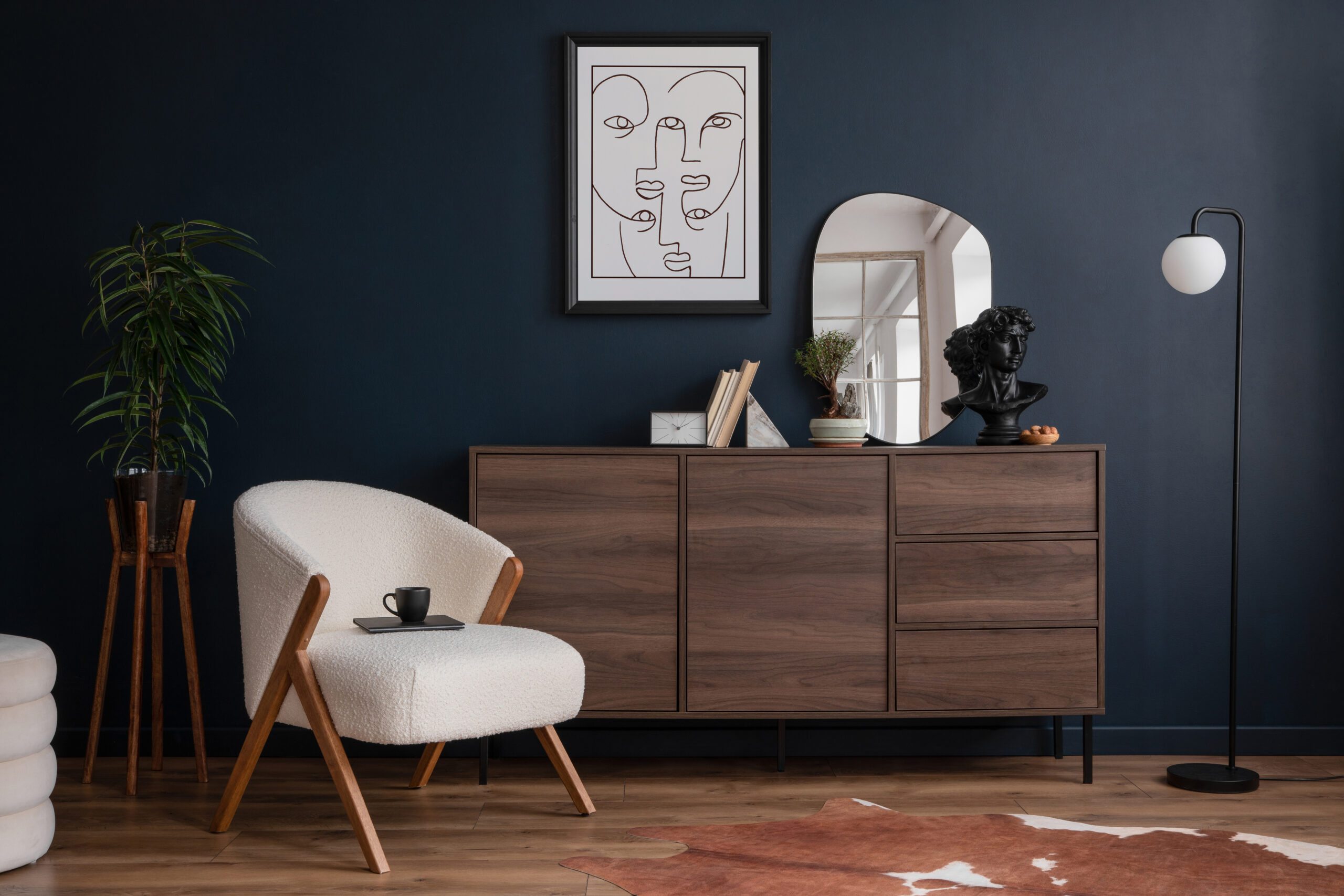 stylish compositon of elegant living room interior design with f